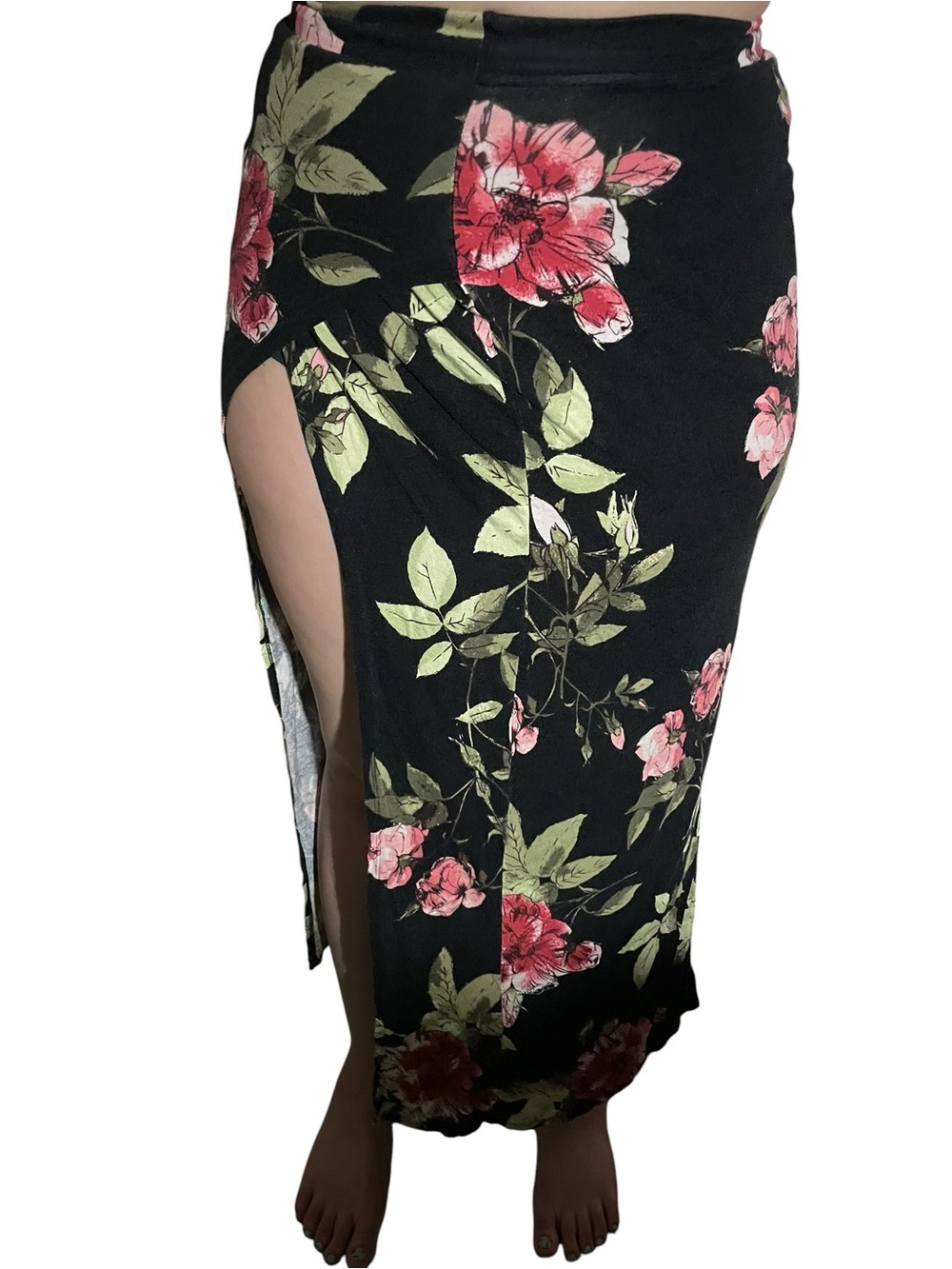 Size XS Black Floral Midi Skirt with Side Slit